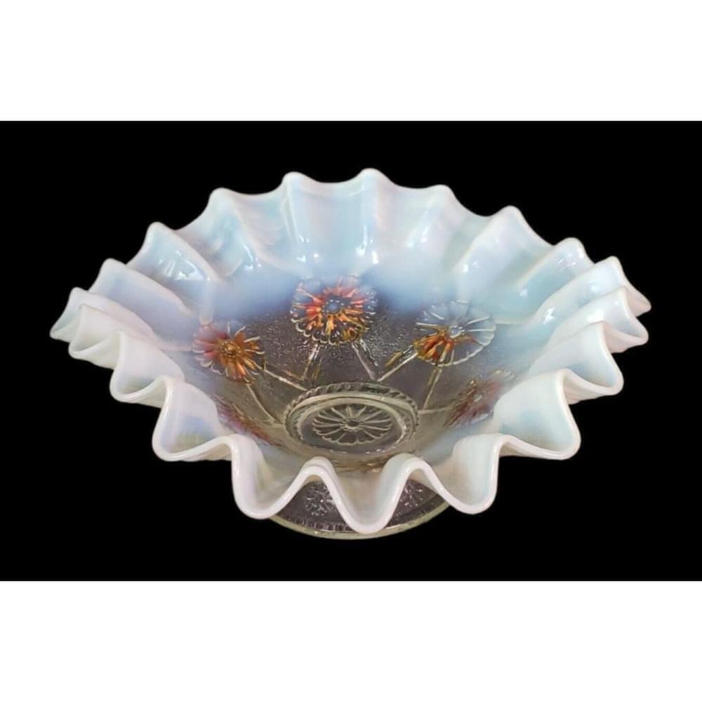 RARE reverse painted Northwood White Opalescent BLOSSOMS & web 9" Bowl 1906